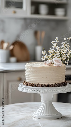 Elegant White Cake with Floral Decoration on Cake Stand. photo