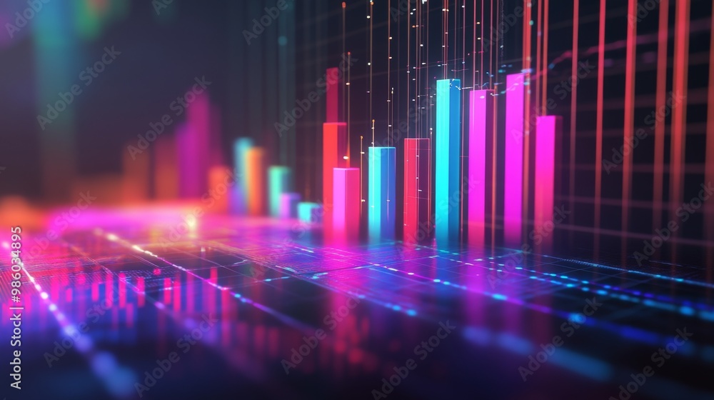 A 3D financial bar chart with vibrant colors rising against a futuristic digital background, symbolizing business growth and success. A 3D financial bar chart with vibrant colors rising against a futuristic digital background, symbolizing business growth and success.