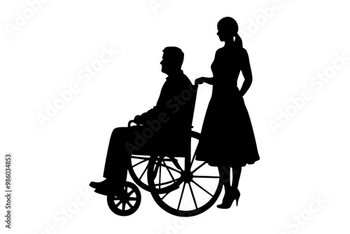 People on a wheelchair Silhouette vector illustration on white background. Vector silhouette.