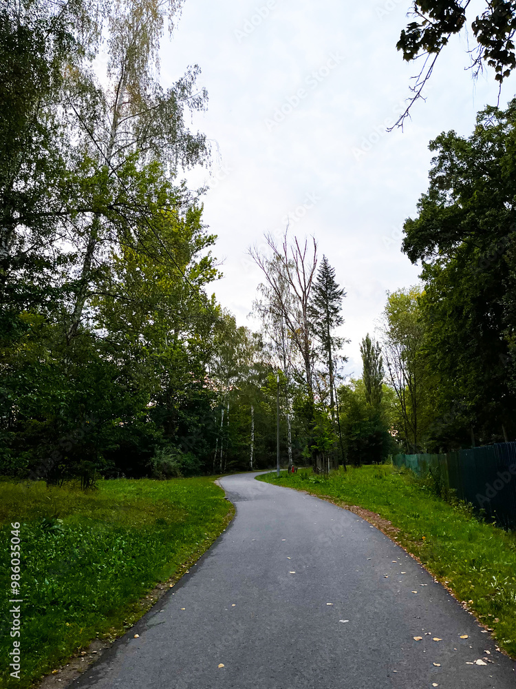 Winding path of a gravel pathway in a city park with many trees. Winding path of a gravel pathway in a city park with many trees.