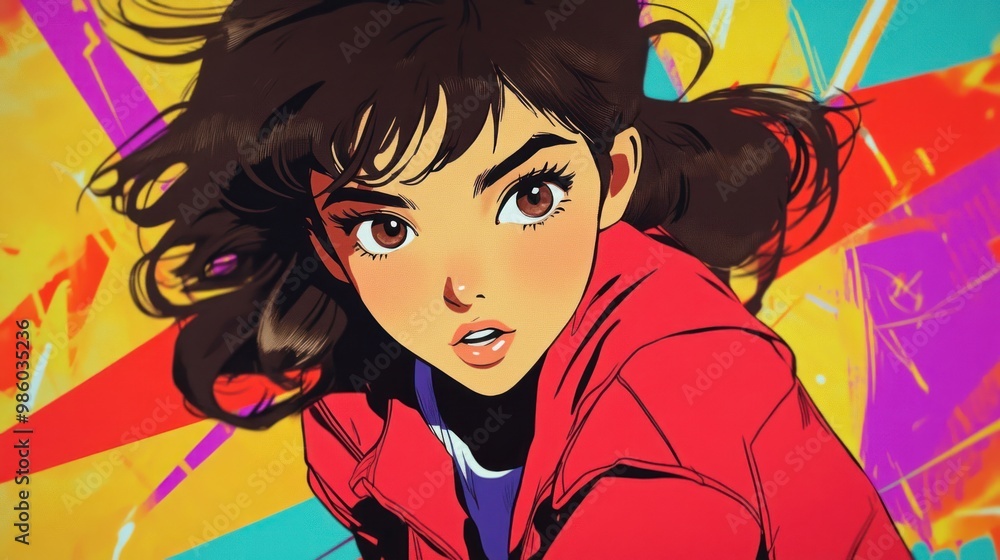Close-up of a young woman with brown hair and brown eyes, wearing a red jacket and looking up. Close-up of a young woman with brown hair and brown eyes, wearing a red jacket and looking up.