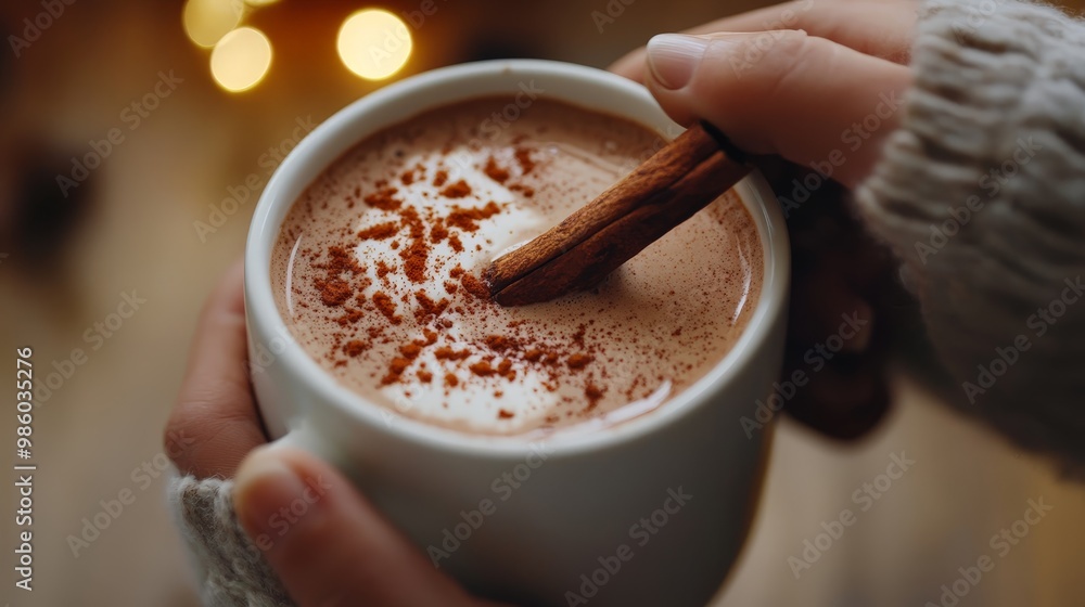 A close-up of a person stirring hot chocolate with a cinnamon stick, capturing warmth and comfort A close-up of a person stirring hot chocolate with a cinnamon stick, capturing warmth and comfort