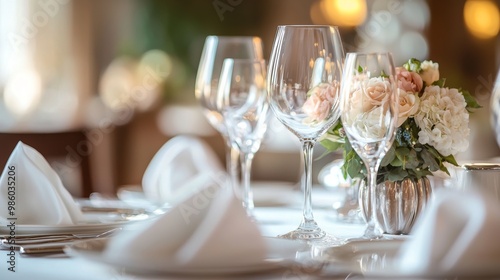 Elegant Dining Table. Wine Glasses Fresh Flowers. Bright White Linen. Wedding Ceremony.