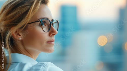 A woman with her face blurred, gazing out of a window at a cityscape during sunset, creating a contemplative and serene mood blending urban life with peaceful reflection. photo