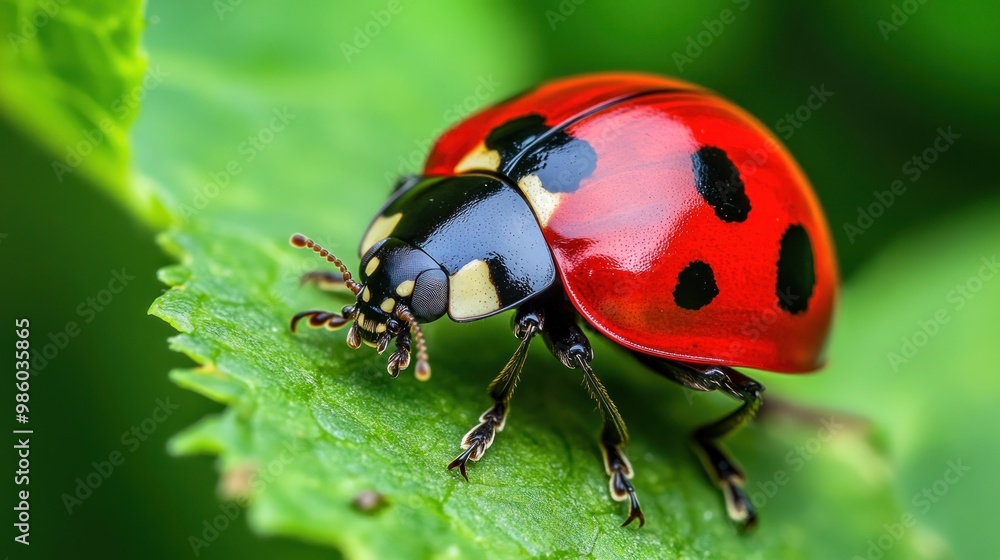 Fototapeta premium A ladybug with black spots sits on a green leaf.