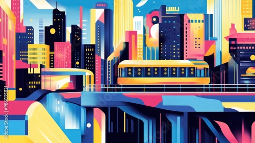 Abstract illustration of a futuristic city with a yellow train passing through. photo