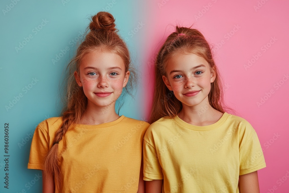 Adventure. Two beautiful teen girls, siblings in t-shirts and jeans looking at camera isolated over pink-blue background. Emotions, fun, joy, leisure activities, Generative AI