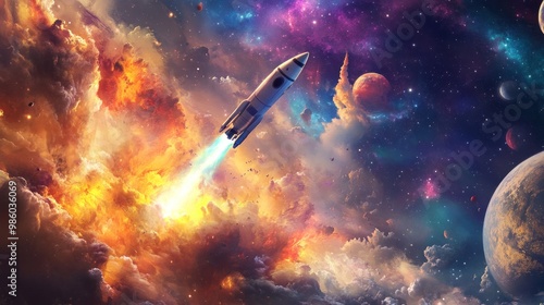 Spaceship flying through a colorful nebula with planets and stars in the background. photo