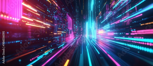 A vibrant digital landscape with colorful light trails, suggesting speed and technology.