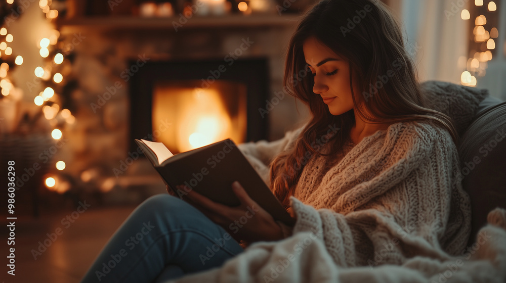Woman Reading by Fireplace with Cozy Blanket Woman Reading by Fireplace with Cozy Blanket