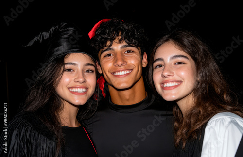 Three people are smiling for the camera, one of them wearing a red hat. Scene is happy and festive, as the people are posing for a photo during Halloween