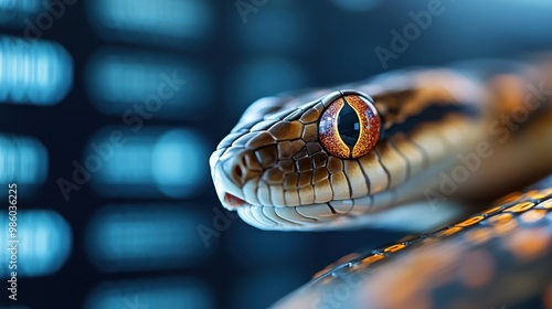 An artistic close-up of a snake showing its detailed scales, with a background featuring lines of code. The image beautifully combines the intricacies of nature and code. photo