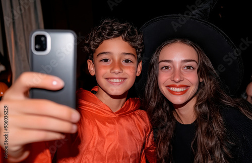 Three people are smiling for the camera, one of them wearing a red hat. Scene is happy and festive, as the people are posing for a photo during Halloween