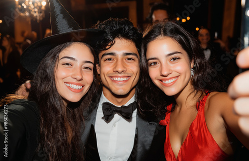 Three people are smiling for the camera, one of them wearing a red hat. Scene is happy and festive, as the people are posing for a photo during Halloween