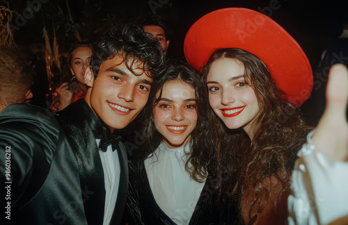 Three people are smiling for the camera, one of them wearing a red hat. Scene is happy and festive, as the people are posing for a photo during Halloween