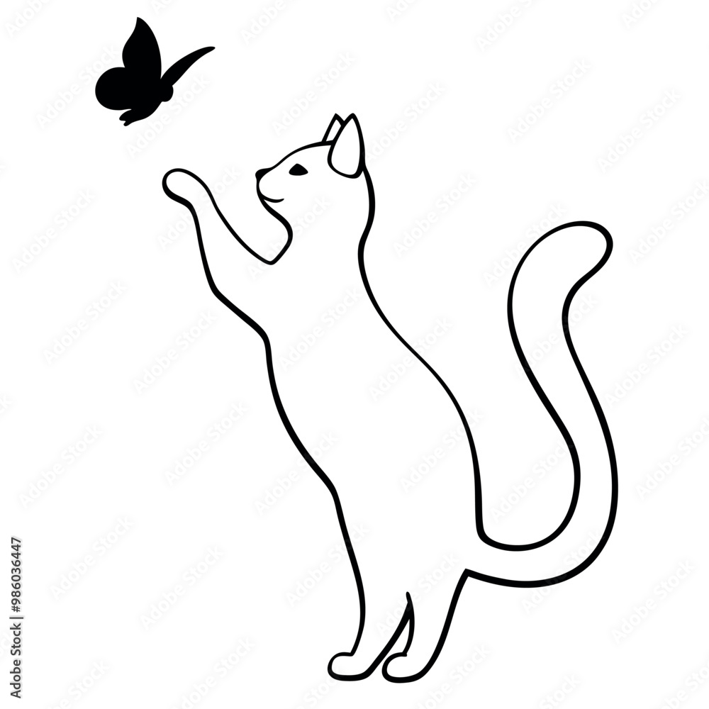 a cat standing on its hind legs with its front paws up in the air. The cat appears to be reaching up towards a small butterfly that is flying in front of it a cat standing on its hind legs with its front paws up in the air. The cat appears to be reaching up towards a small butterfly that is flying in front of it