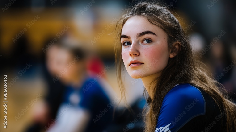 A close-up of a seated volleyball player ready to receive the ball, capturing the intensity of the game A close-up of a seated volleyball player ready to receive the ball, capturing the intensity of the game
