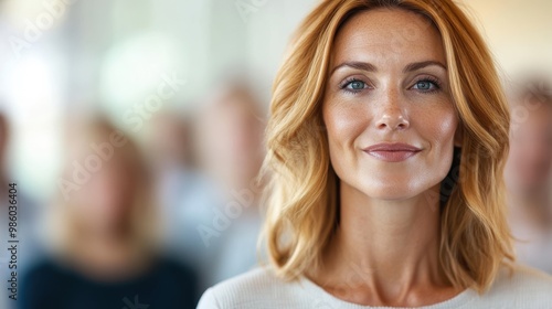 The professional woman, composed and poised in a white dress, mingles in the crowd at a public speaking event, representing confidence and interaction.