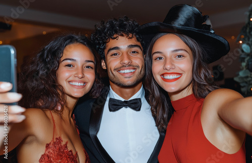 Three people are smiling for the camera, one of them wearing a red hat. Scene is happy and festive, as the people are posing for a photo during Halloween