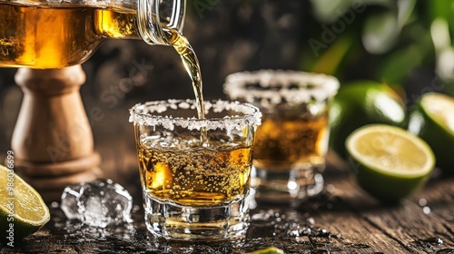 A close-up of a shot glass being filled with tequila, capturing the moment of pouring