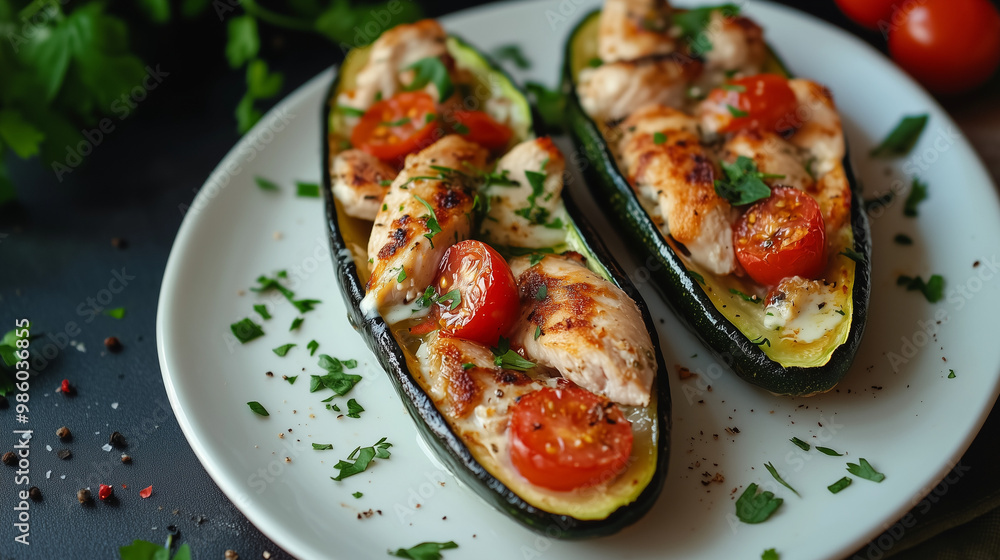 Zucchini Boats with Chicken and Greek Yogurt Cheese on a Plate Zucchini Boats with Chicken and Greek Yogurt Cheese on a Plate