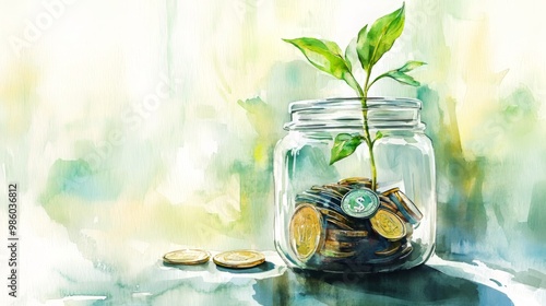 A jar of coins with a growing plant symbolizes financial growth.