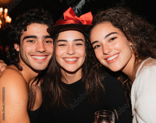 Three people are smiling for the camera, one of them wearing a red hat. Scene is happy and festive, as the people are posing for a photo during Halloween