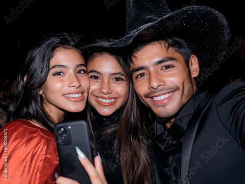 Three people are smiling for the camera, one of them wearing a red hat. Scene is happy and festive, as the people are posing for a photo during Halloween