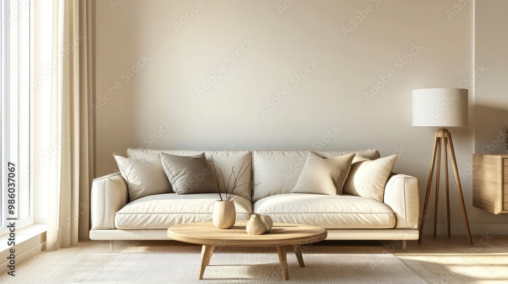 Minimalist living room with a white sofa, wooden coffee table, and a floor lamp. Minimalist living room with a white sofa, wooden coffee table, and a floor lamp.