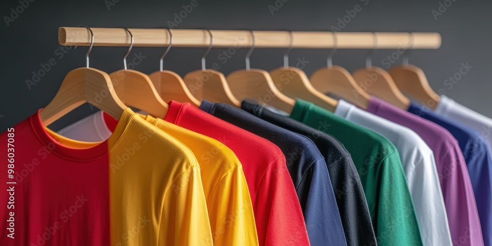 Obraz premium Colorful Shirts Displayed on Wooden Hangers