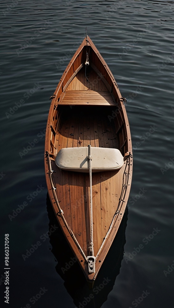 classic wooden boat facing the camera, minimalist, deadpan, banal, cool, clinical, urban, iconic, conceptual, subversive, sparse, restrained, symbol vertical