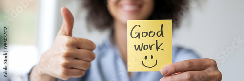 Image of Thumbs Up Holding a "Good Work" Note