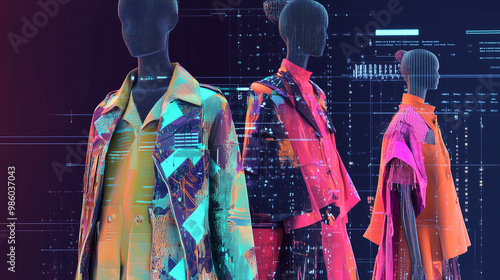 AI-driven fashion design system predicting upcoming trends, utilizing advanced algorithms and data analysis to forecast styles, colors, and patterns that will dominate future seasons. The scene emphas