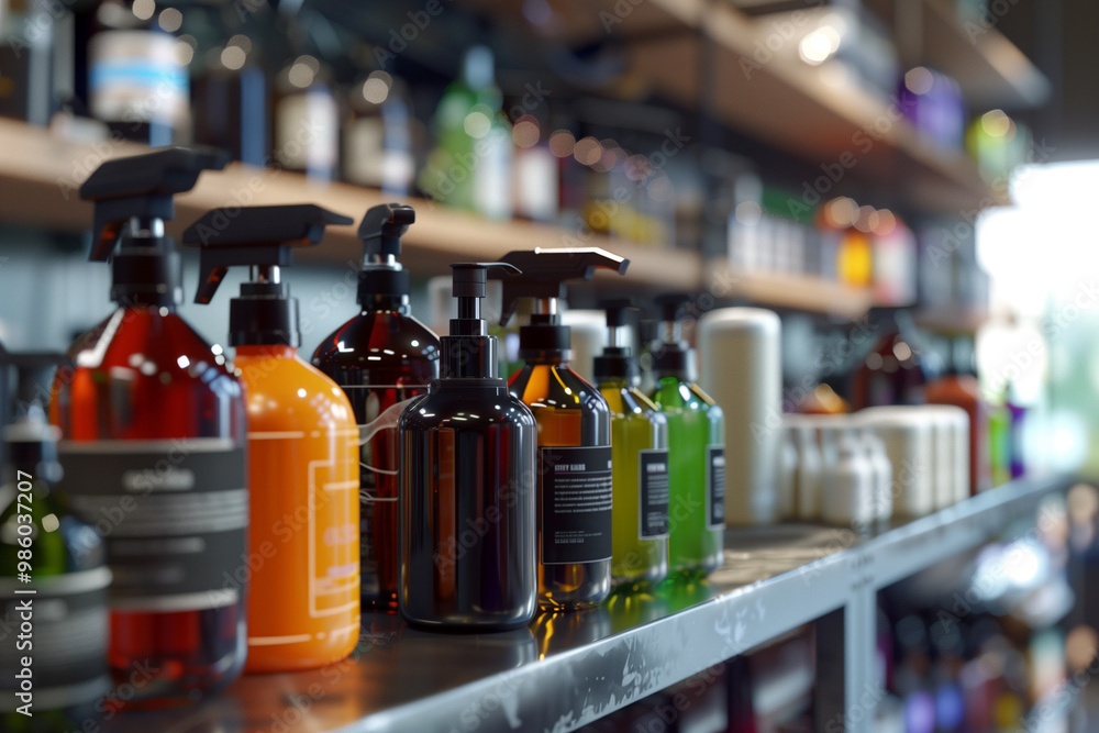 Industrial Cleaning Products on Steel Shelf Industrial Cleaning Products on Steel Shelf