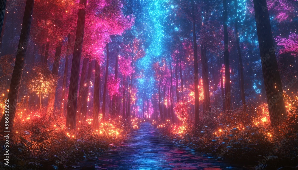 Enchanted Neon Forest: Vivid Fantasy Illustration with Generative AI Enhancements Enchanted Neon Forest: Vivid Fantasy Illustration with Generative AI Enhancements