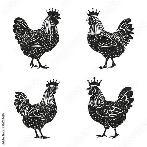 King chicken silhouette set black color vector illustration