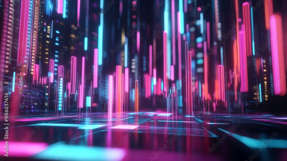 A 3D stock chart with rising and falling bars, representing stock price volatility, displayed on a futuristic digital trading platform. A 3D stock chart with rising and falling bars, representing stock price volatility, displayed on a futuristic digital trading platform.