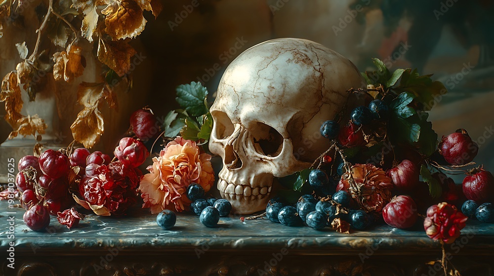 A human skull sits amongst red and blue berries, grapes, and a single pink flower on a table. A human skull sits amongst red and blue berries, grapes, and a single pink flower on a table.