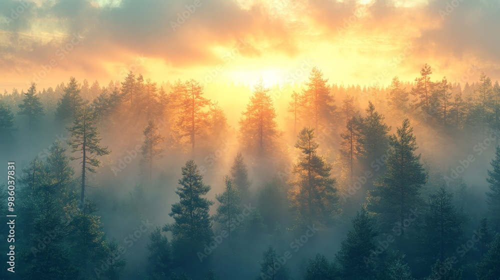 Serene Sunrise in Misty Pine Forest - Tranquil Forest Awakening to New Day Illustration Serene Sunrise in Misty Pine Forest - Tranquil Forest Awakening to New Day Illustration
