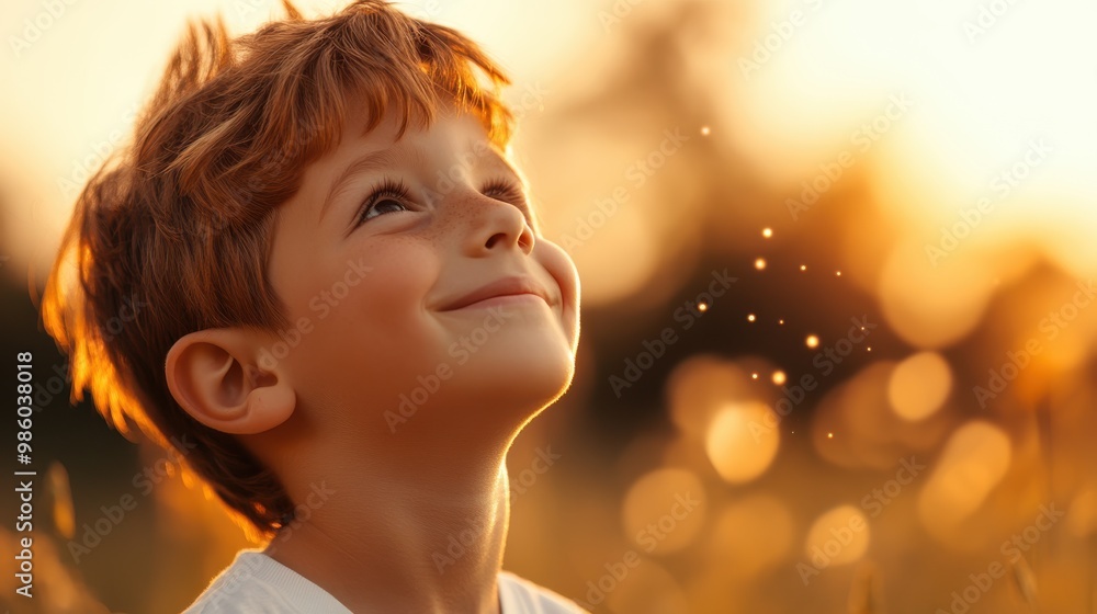 Fototapeta premium A child looks up in admiration at the serene golden bokeh lights surrounding him. This image beautifully captures a moment of pure wonder and tranquility.