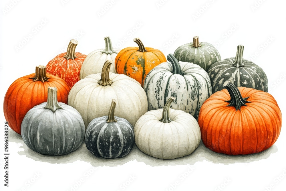 Colorful Array of Pumpkins: Botanical Illustration of Diverse Pumpkin Varieties on White Background - Created with Generative AI for Fine Details Colorful Array of Pumpkins: Botanical Illustration of Diverse Pumpkin Varieties on White Background - Created with Generative AI for Fine Details