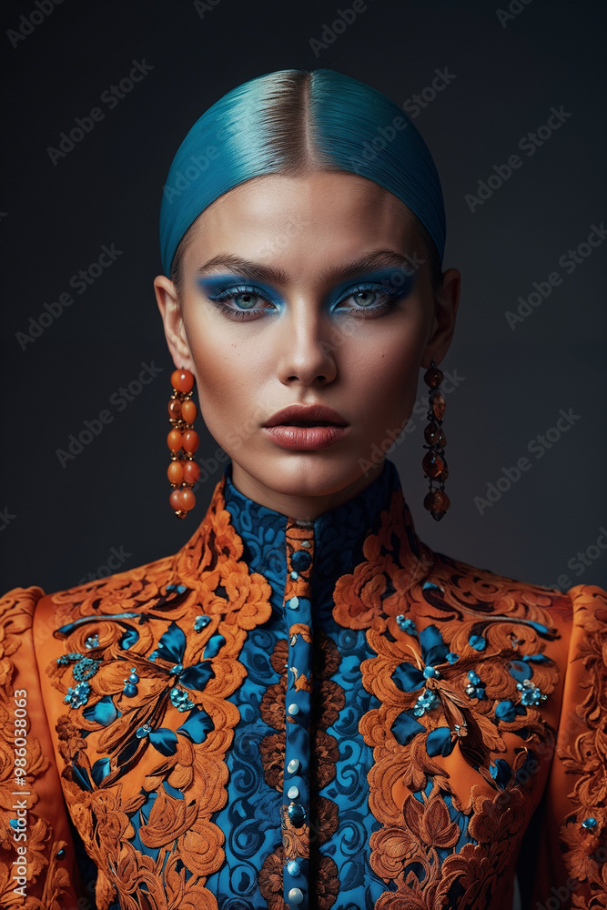 Portrait of a woman with blue hair, bold and unique makeup, striking colors, style trendy and avant-garde, lighting high contrast, close-up, glossy makeup Portrait of a woman with blue hair, bold and unique makeup, striking colors, style trendy and avant-garde, lighting high contrast, close-up, glossy makeup