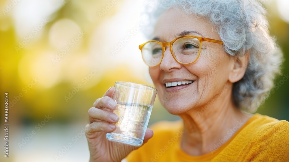 A joyful elder woman in glasses drinking a glass of water, enjoying a peaceful moment. She is wearing a bright yellow sweater, embodying happiness outdoors. A joyful elder woman in glasses drinking a glass of water, enjoying a peaceful moment. She is wearing a bright yellow sweater, embodying happiness outdoors.