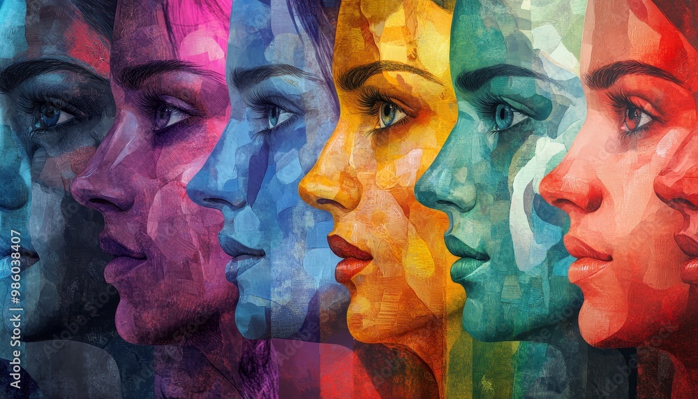 Obraz premium Unity in Diversity: Abstract Collage of Colorful Human Faces Celebrating Individuality and Expression