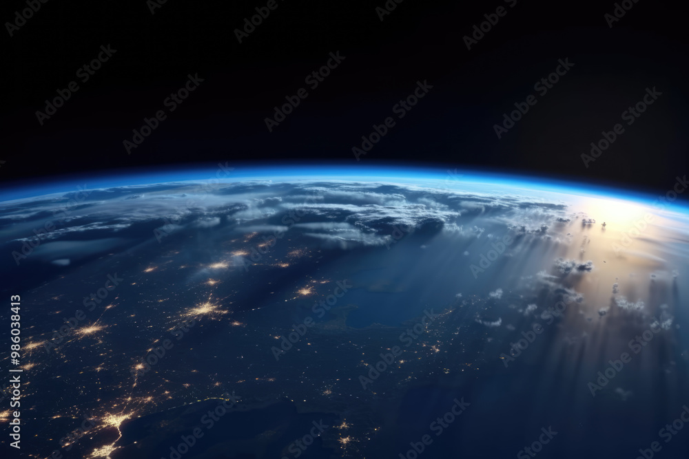 Fototapeta premium generated illustration of night view of Earth from space with city lights glowing.