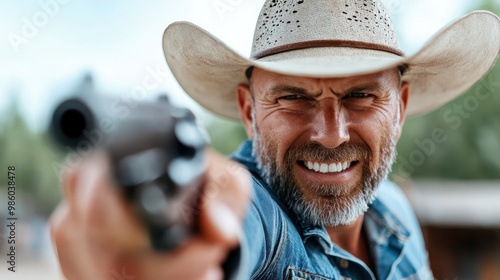 An intense middle-aged cowboy, grizzled and determined, aims a revolver directly at the viewer. He is wearing a traditional cowboy hat and denim jacket.