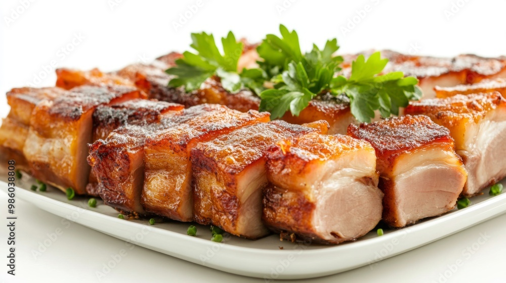 A beautifully arranged plate of cooked pork dishes, such as roast pork and pork belly, set against a clean white background to emphasize the presentation. A beautifully arranged plate of cooked pork dishes, such as roast pork and pork belly, set against a clean white background to emphasize the presentation.