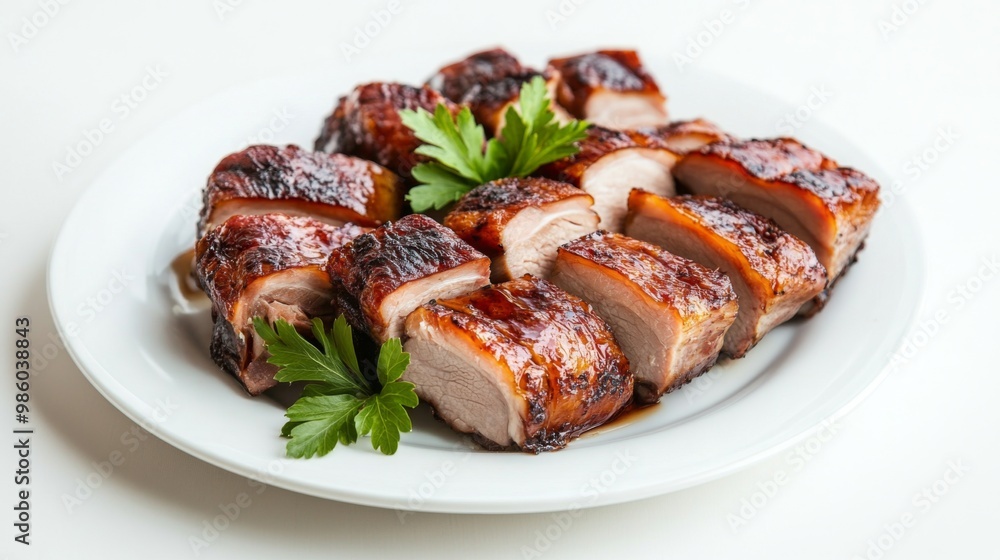 A beautifully arranged plate of cooked pork dishes, such as roast pork and pork belly, set against a clean white background to emphasize the presentation. A beautifully arranged plate of cooked pork dishes, such as roast pork and pork belly, set against a clean white background to emphasize the presentation.