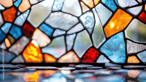 Vibrant and colorful stained glass pieces arranged in a mosaic pattern, illuminated by natural light, showcasing an array of blue, red, orange, and more hues.