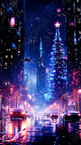 Futuristic city celebrating christmas with flying cars and neon lights